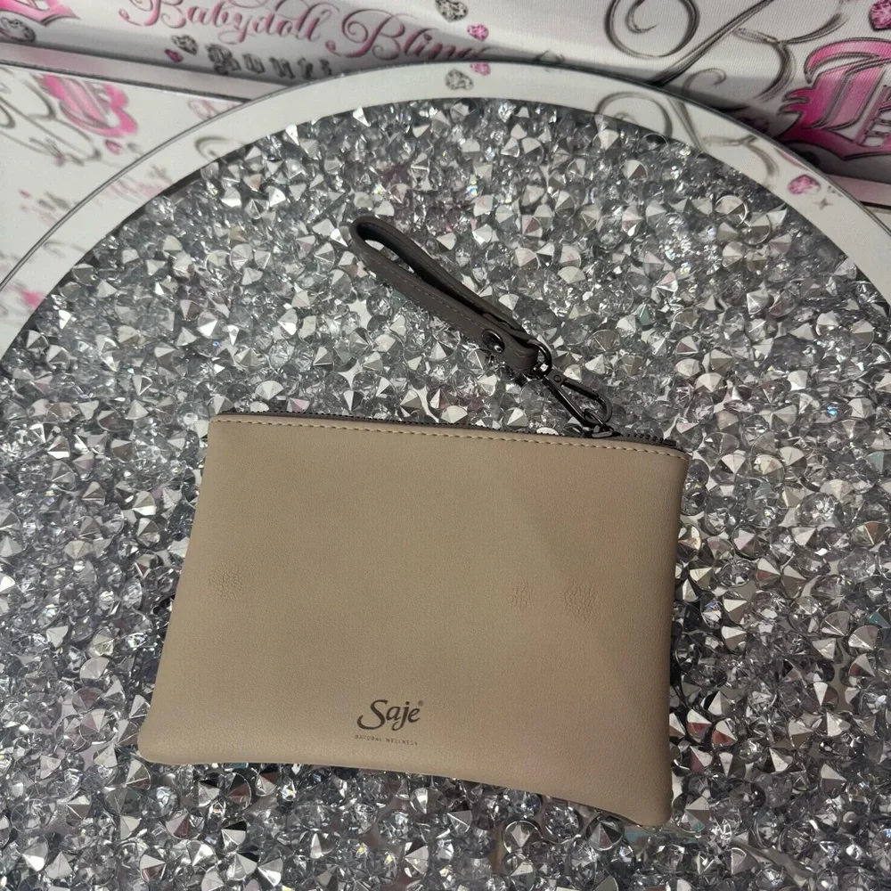 Saje Gray Wristlet Clutch attachable strap natural wellness soft bag makeup